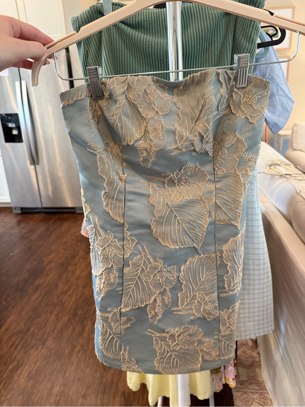Strapless blue and gold mini dress